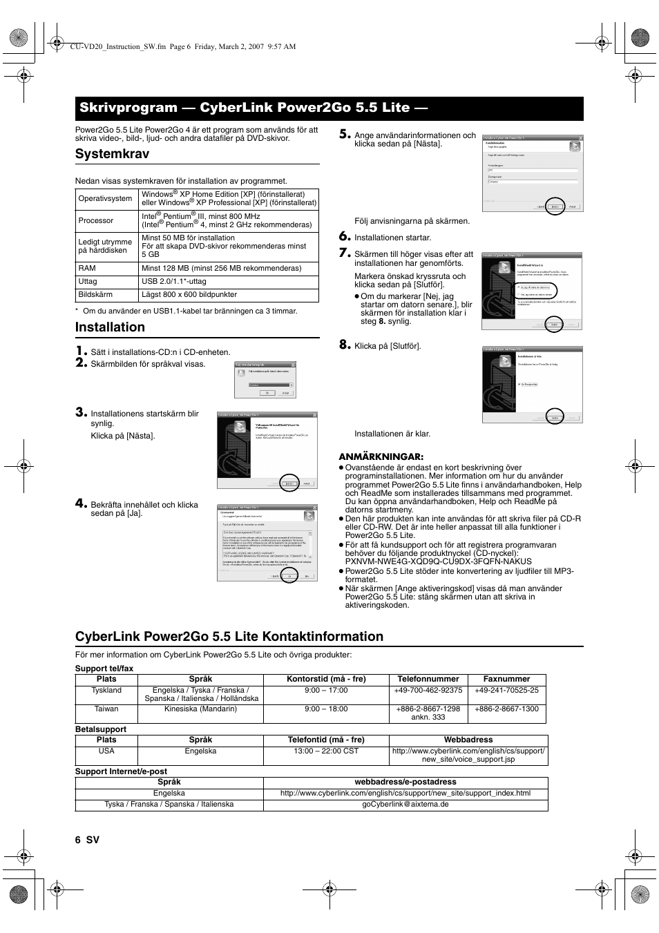 Systemkrav, Installation, Cyberlink power2go 5.5 lite kontaktinformation | Skrivprogram — cyberlink power2go 5.5 lite | JVC CU-VD20EK User Manual | Page 62 / 136