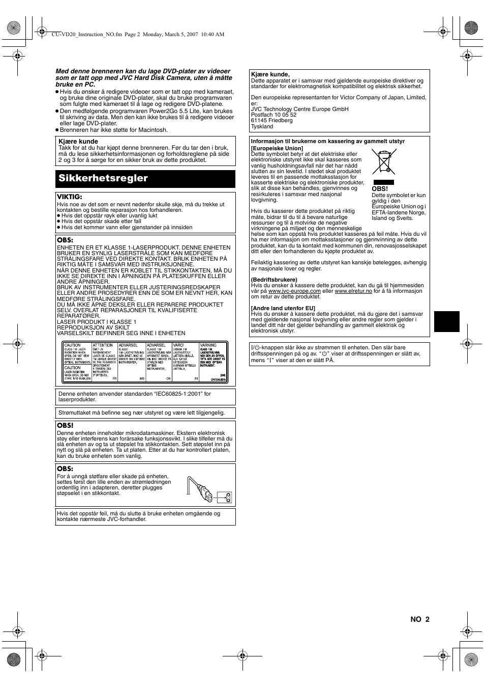 Sikkerhetsregler | JVC CU-VD20EK User Manual | Page 65 / 136