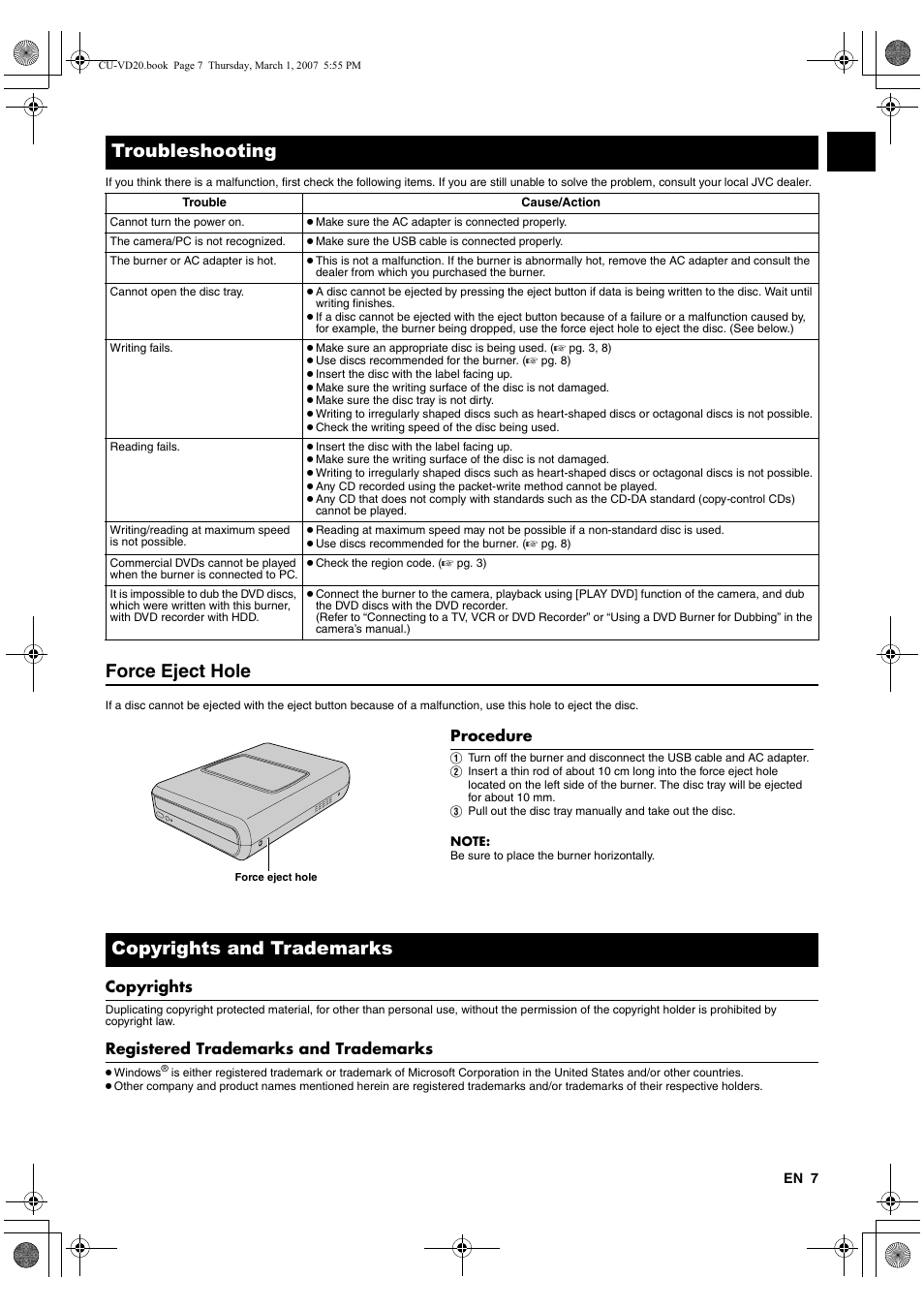 Force eject hole, Troubleshooting, Copyrights and trademarks | JVC CU-VD20EK User Manual | Page 7 / 136
