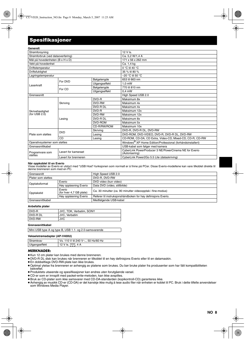 A s. 8), Spesifikasjoner | JVC CU-VD20EK User Manual | Page 71 / 136