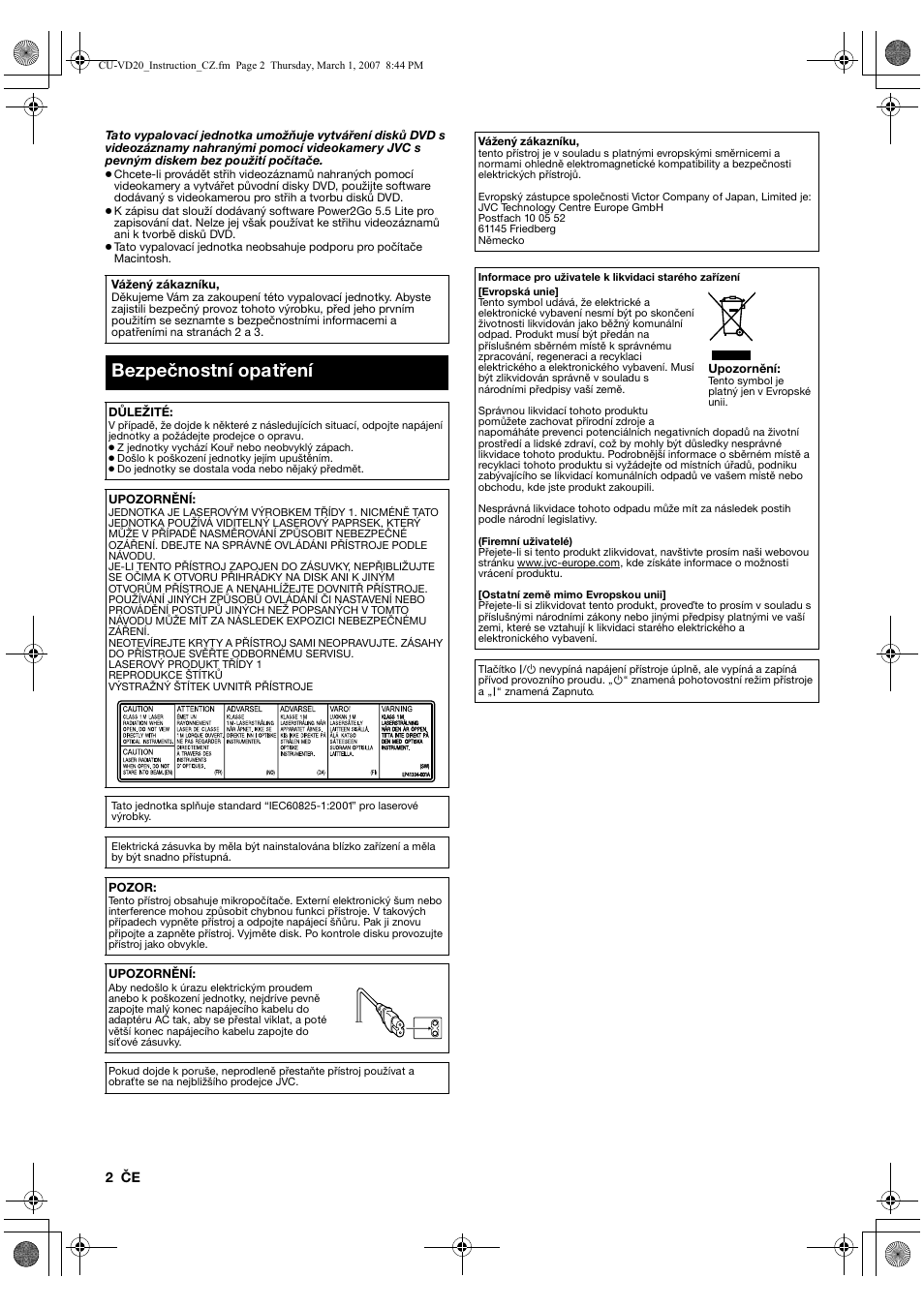 Bezpečnostní opatření | JVC CU-VD20EK User Manual | Page 86 / 136