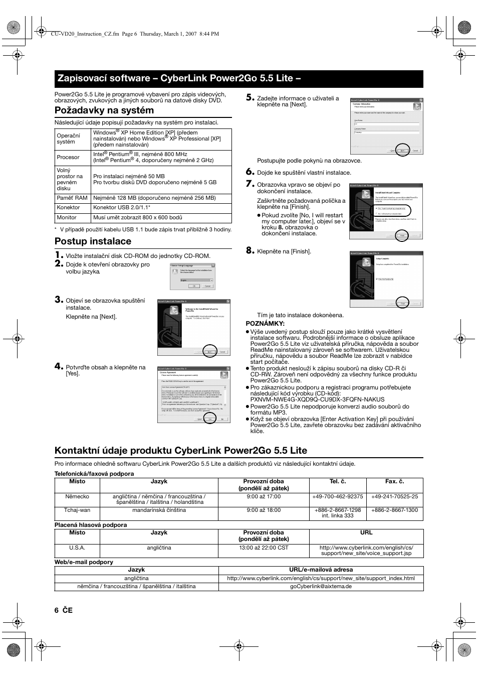 Požadavky na systém, Postup instalace, Zapisovací software – cyberlink power2go 5.5 lite | JVC CU-VD20EK User Manual | Page 90 / 136