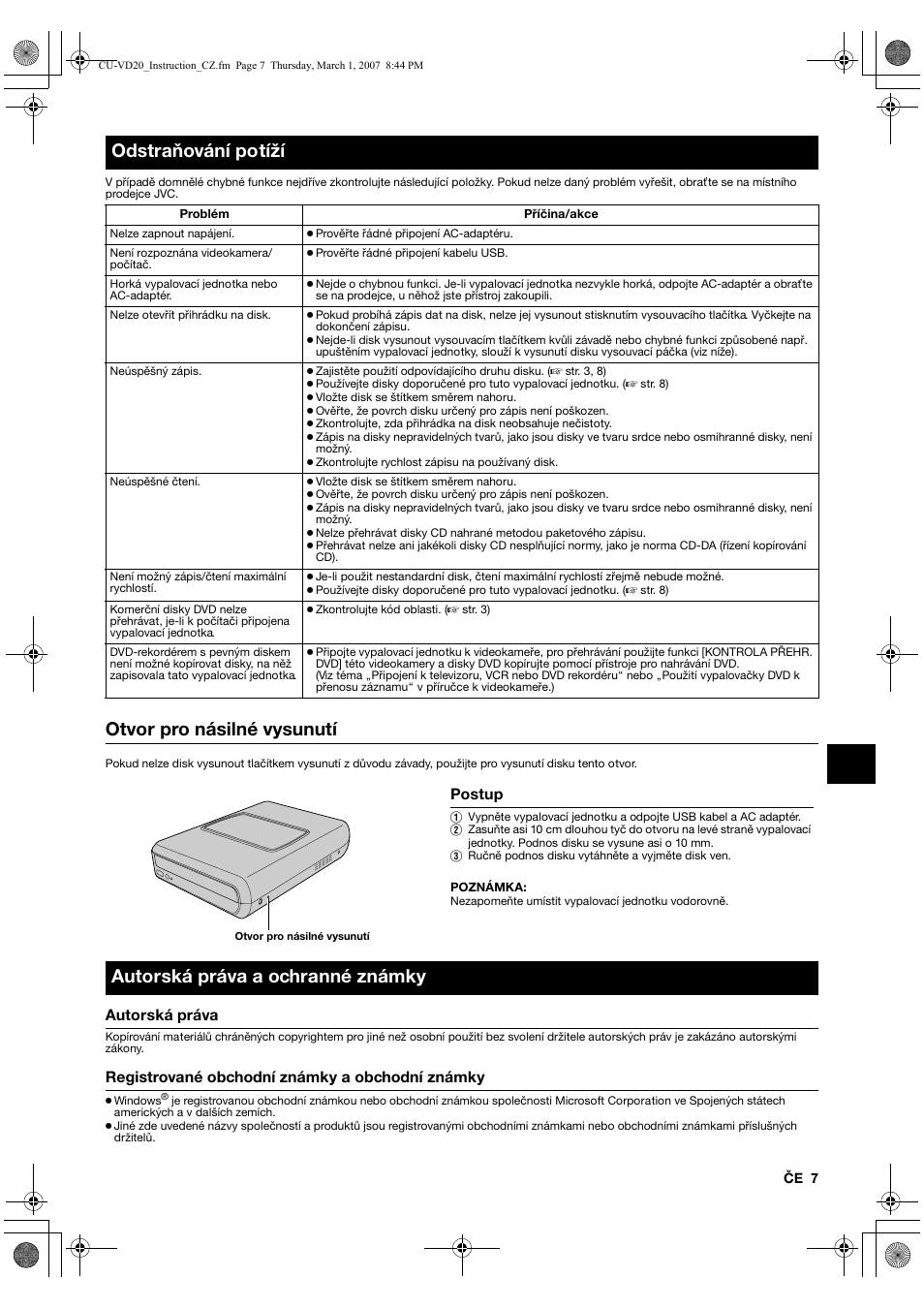 Otvor pro násilné vysunutí, Odstraňování potíží, Autorská práva a ochranné známky | JVC CU-VD20EK User Manual | Page 91 / 136