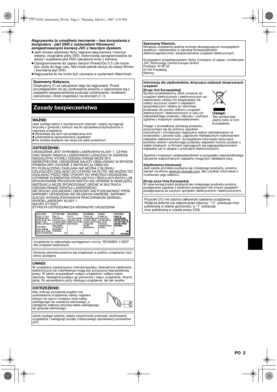 Zasady bezpieczeństwa | JVC CU-VD20EK User Manual | Page 93 / 136