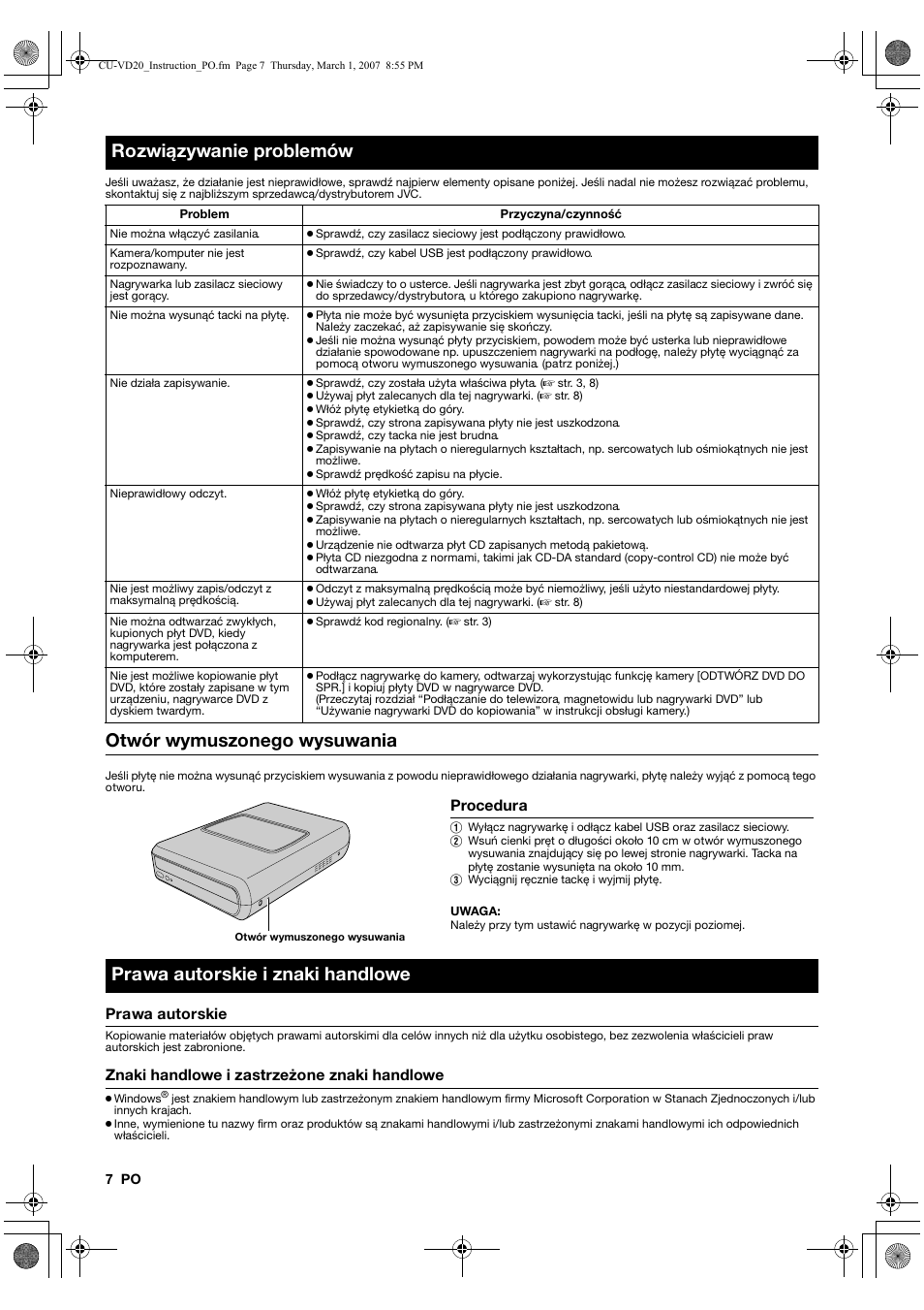 Otwór wymuszonego wysuwania, Rozwiązywanie problemów, Prawa autorskie i znaki handlowe | JVC CU-VD20EK User Manual | Page 98 / 136