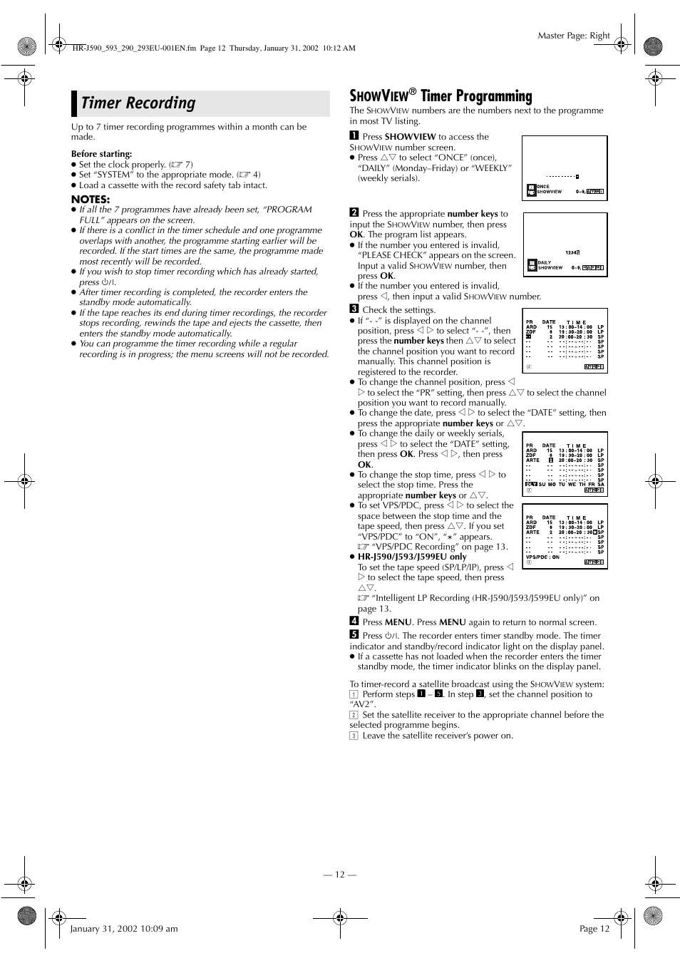 Timer recording, Timer programming | JVC HR-J590 User Manual | Page 12 / 16