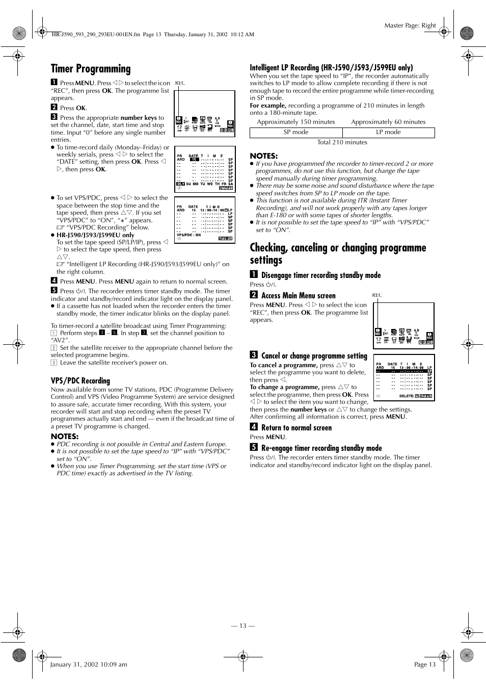 Timer programming, Checking, canceling or changing programme settings | JVC HR-J590 User Manual | Page 13 / 16