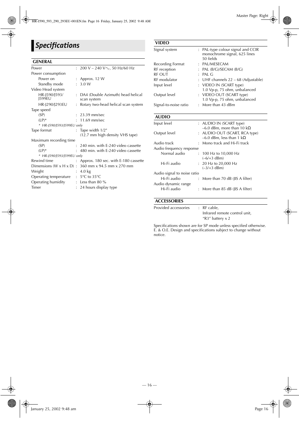 Specifications | JVC HR-J590 User Manual | Page 16 / 16