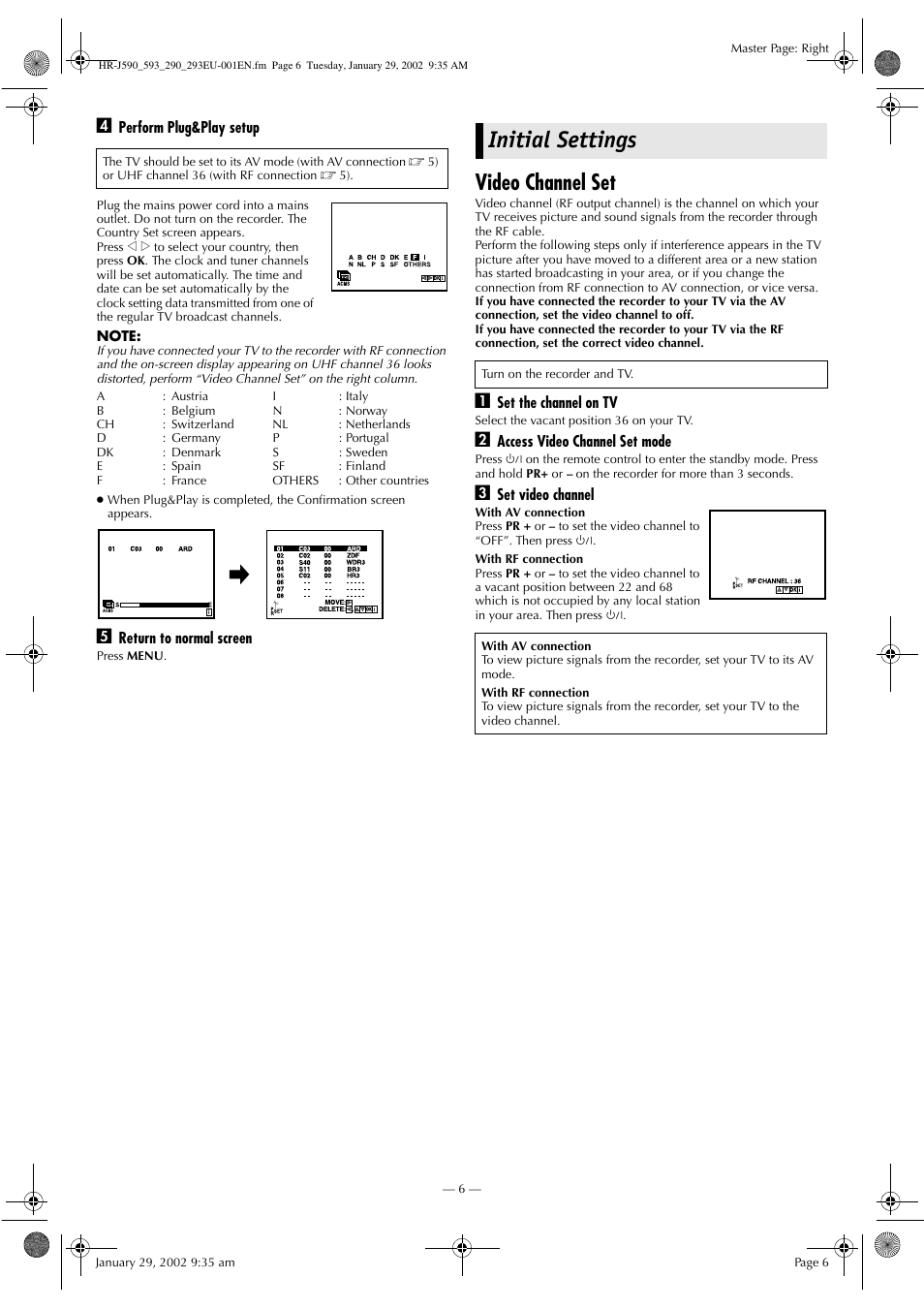 Initial settings, Video channel set | JVC HR-J590 User Manual | Page 6 / 16