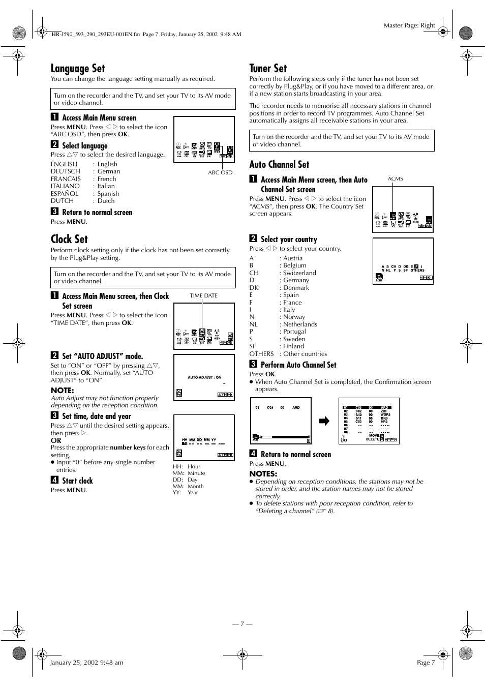 Language set, Clock set, Tuner set | Auto channel set a | JVC HR-J590 User Manual | Page 7 / 16