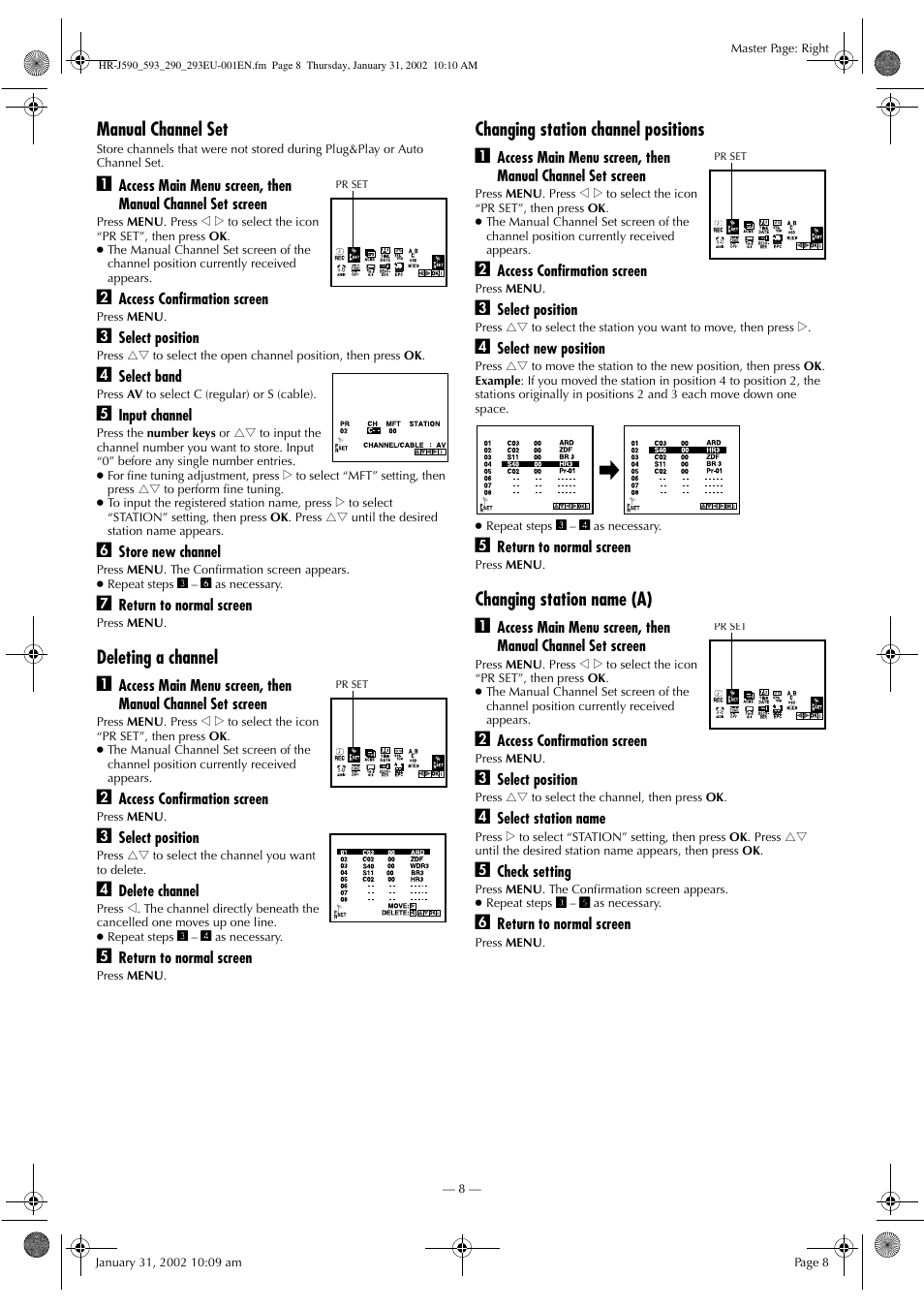 Manual channel set, Deleting a channel a, Changing station channel positions a | Changing station name (a) a | JVC HR-J590 User Manual | Page 8 / 16