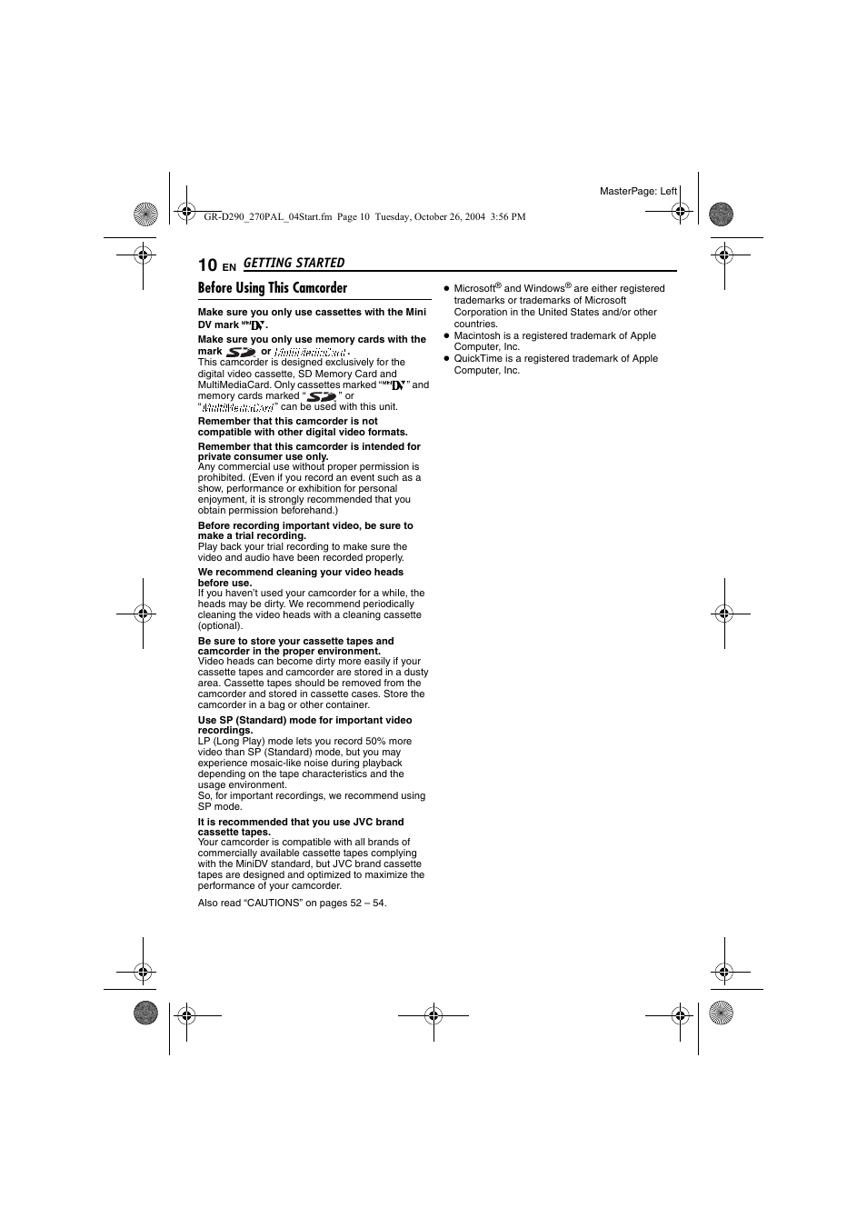 Before using this camcorder, Getting started | JVC GR-D290EN User Manual | Page 10 / 56