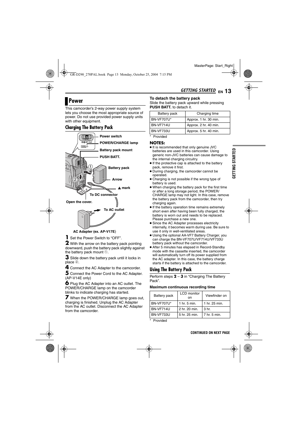 Power, Charging the battery pack, Using the battery pack | Pg. 13), Pg. 13 | JVC GR-D290EN User Manual | Page 13 / 56