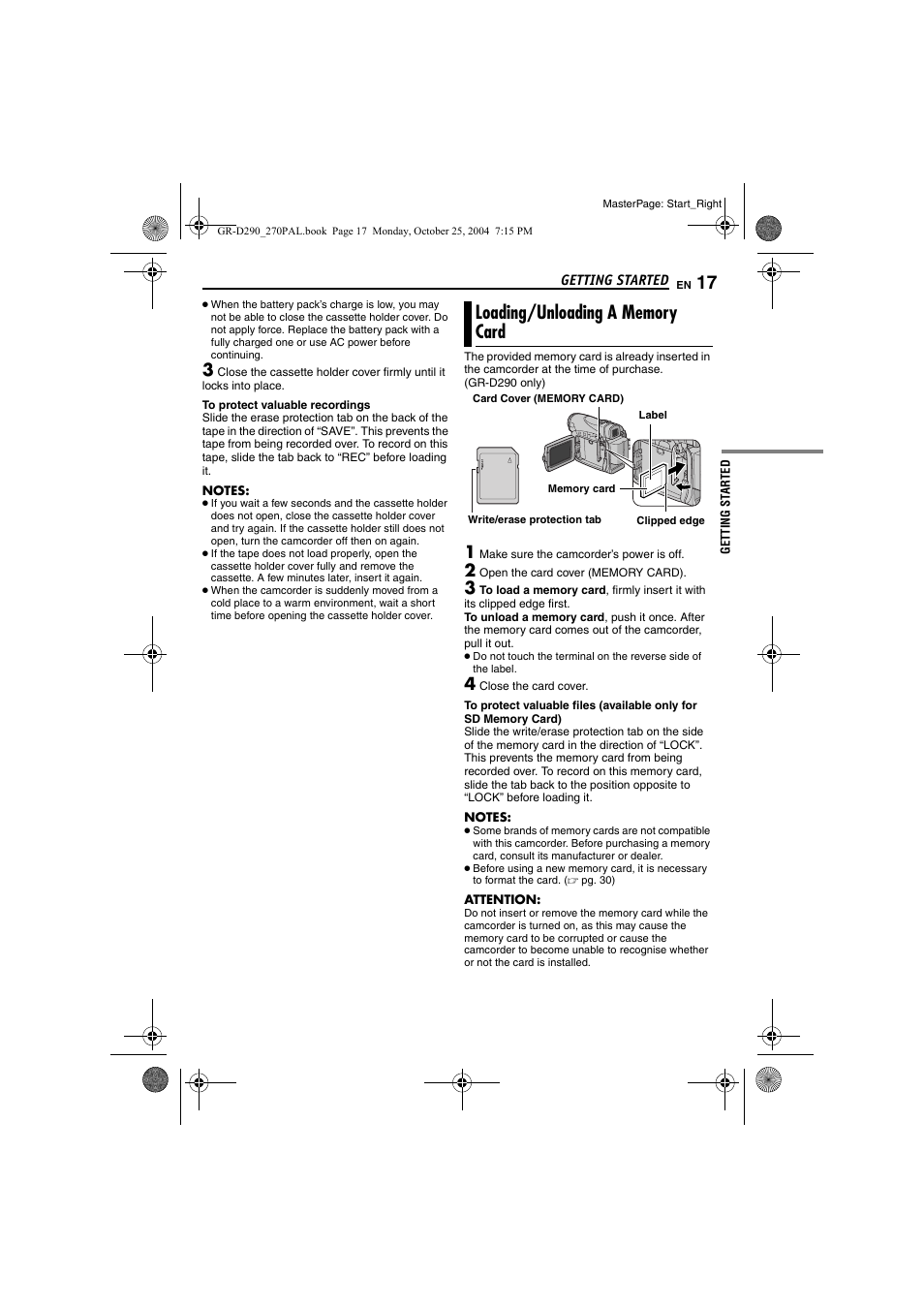 Loading/unloading a memory card, Pg. 17) | JVC GR-D290EN User Manual | Page 17 / 56