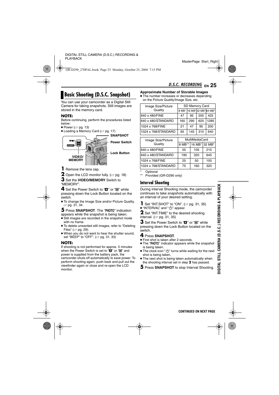 D.s.c. recording, Basic shooting (d.s.c. snapshot), Interval shooting | Digital still camera (d.s.c.) recording & playback, Pg. 25, 3, Pg. 25), Pg. 25 | JVC GR-D290EN User Manual | Page 25 / 56