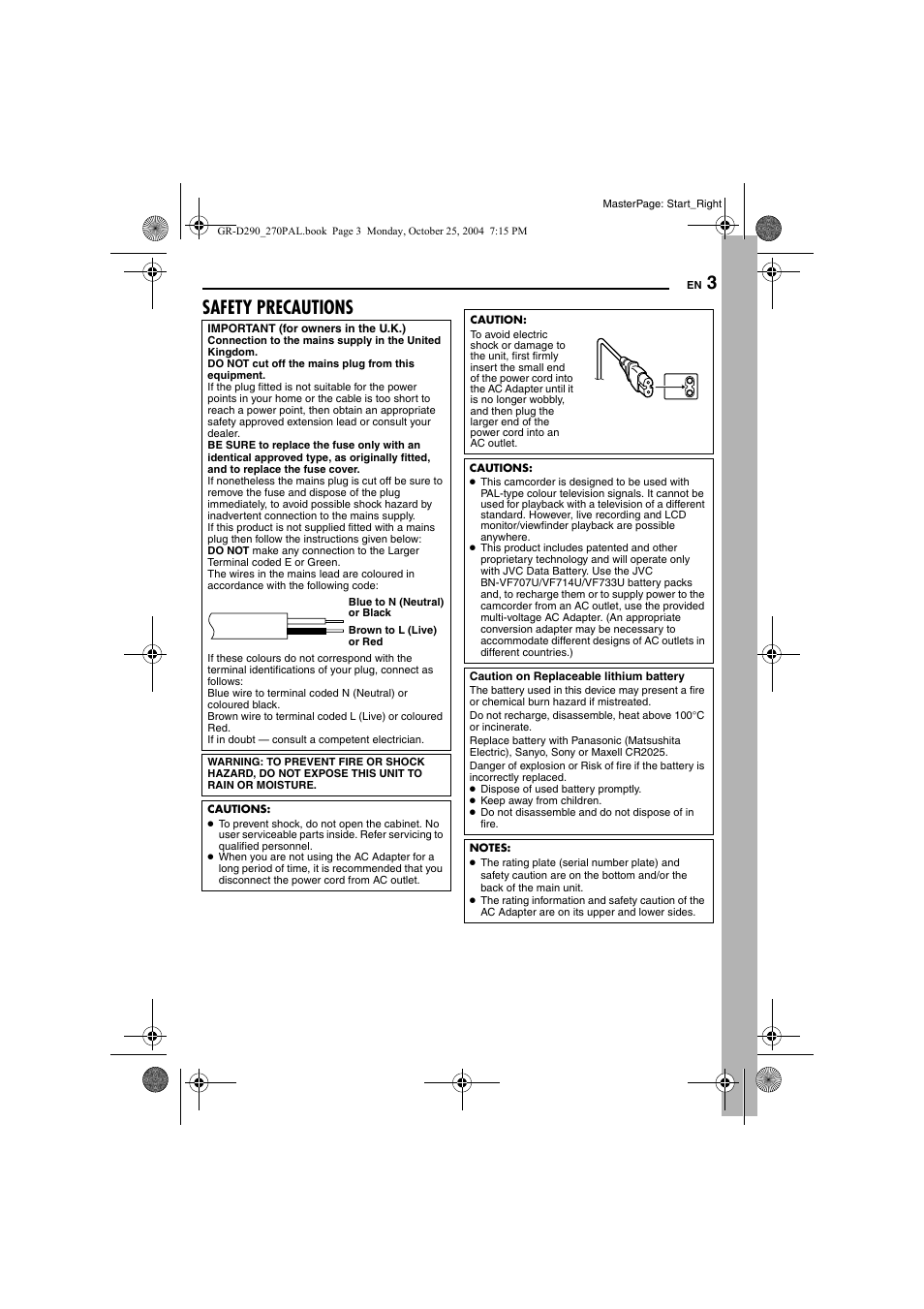 Safety precautions | JVC GR-D290EN User Manual | Page 3 / 56