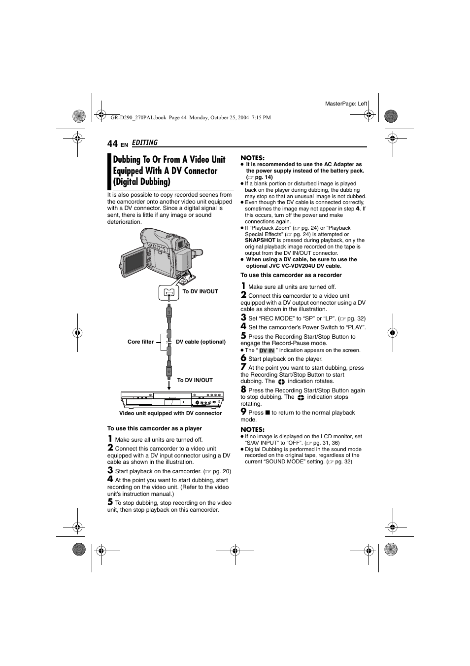 Dubbing to or from a video unit equipped with, A dv connector (digital dubbing), Pg. 44, 4 | JVC GR-D290EN User Manual | Page 44 / 56