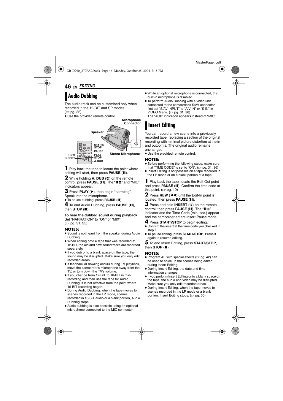 Audio dubbing, Insert editing, 46 insert editing | Pg. 46), Pg. 46) and i, Pg. 46) a | JVC GR-D290EN User Manual | Page 46 / 56