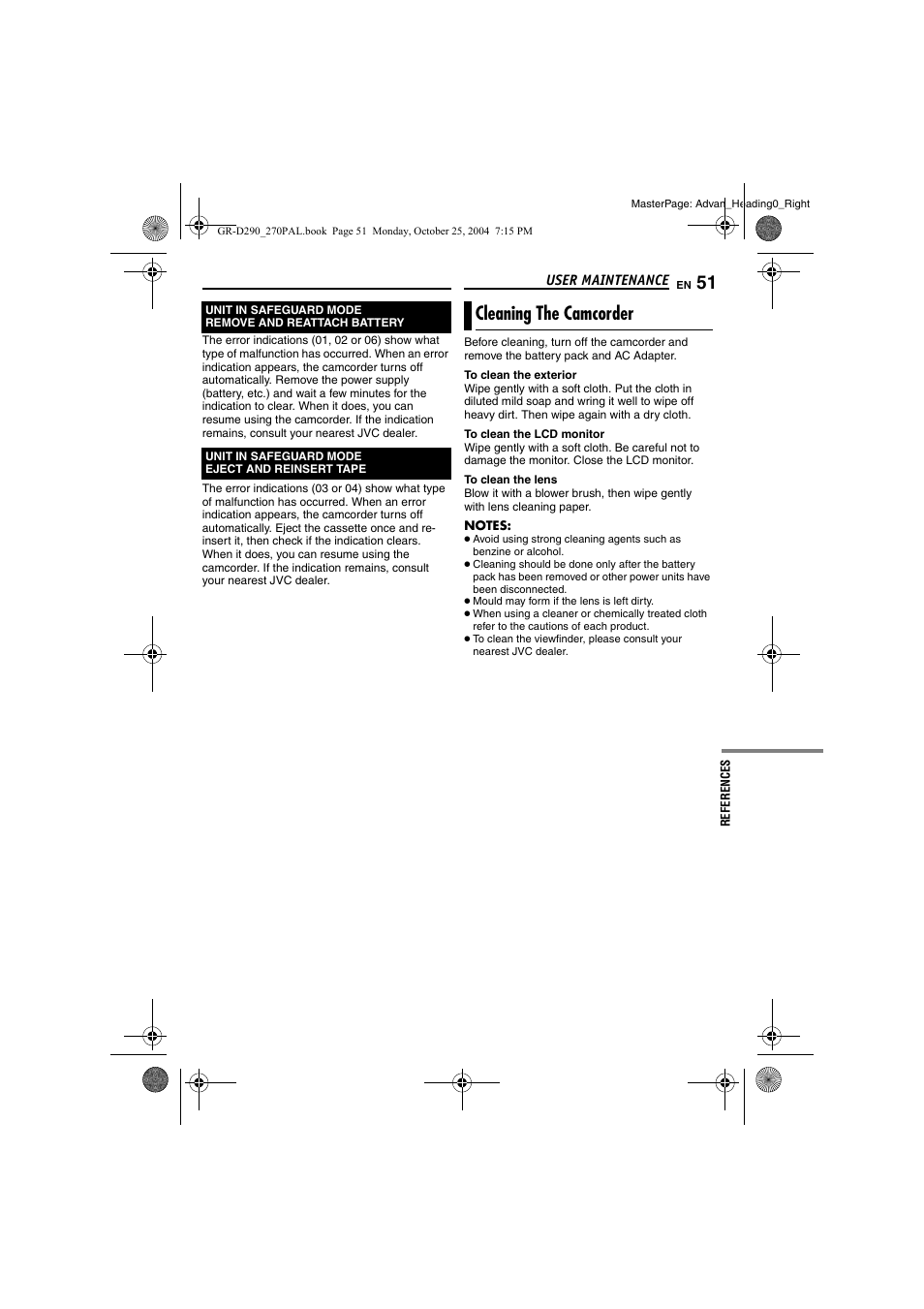 User maintenance, Cleaning the camcorder, Pg. 51) | Pg. 51 | JVC GR-D290EN User Manual | Page 51 / 56