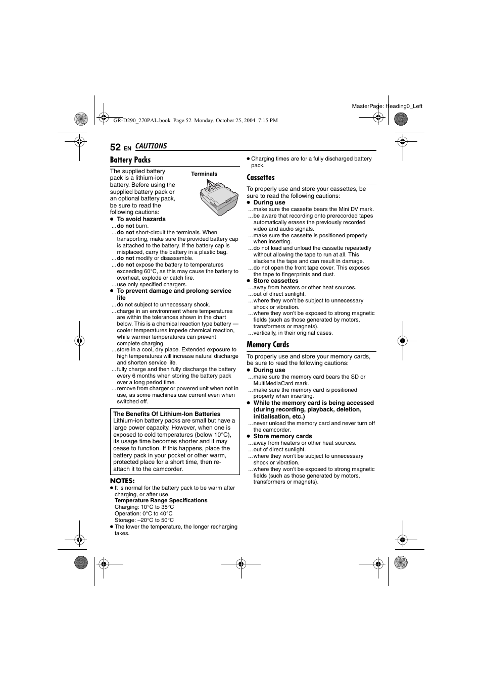 Cautions, Battery packs, Cassettes | Memory cards, Pg. 52) | JVC GR-D290EN User Manual | Page 52 / 56