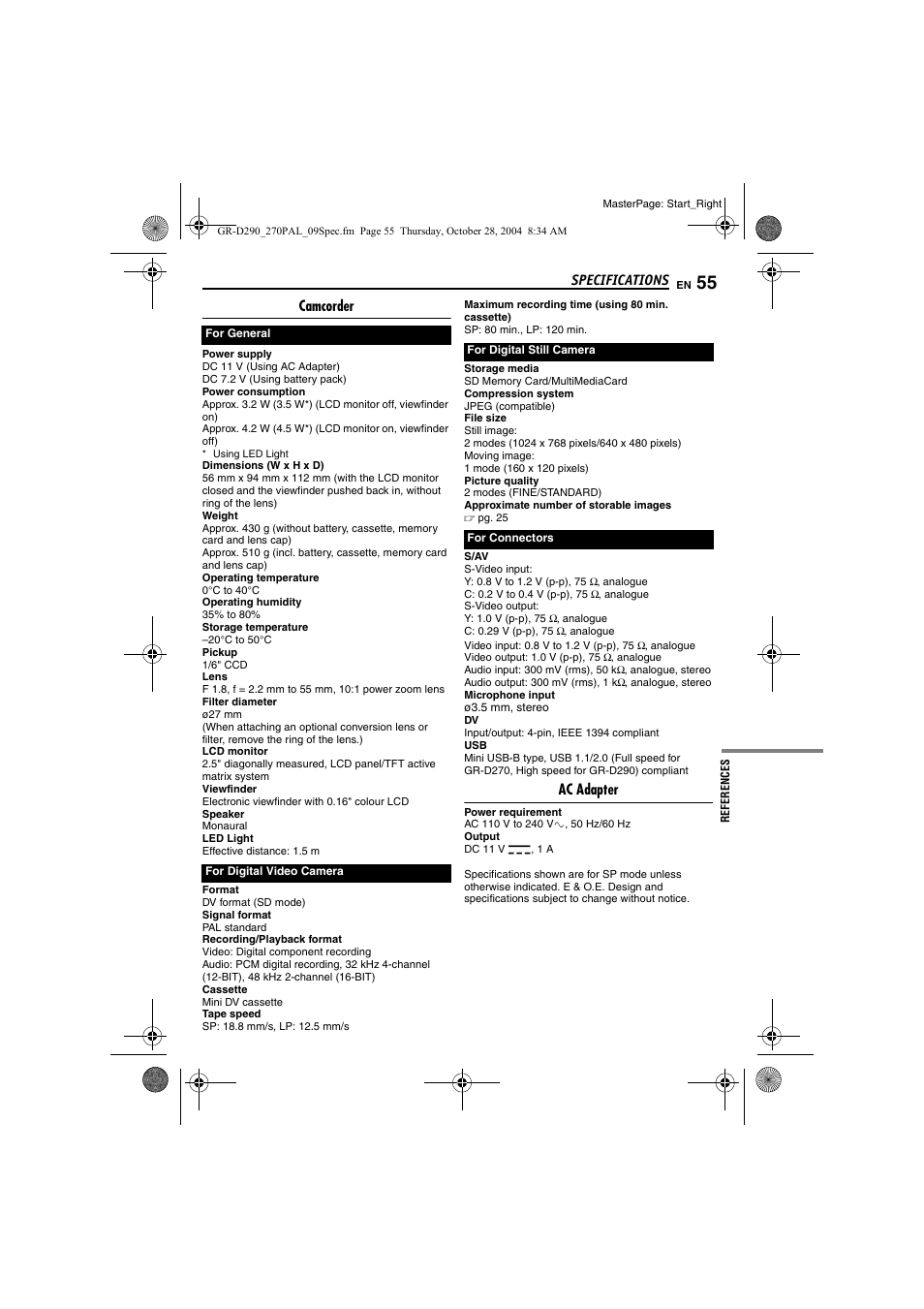 Specifications, Camcorder, Ac adapter | JVC GR-D290EN User Manual | Page 55 / 56