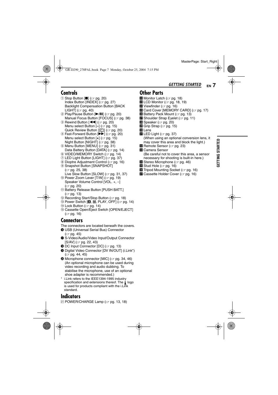 Controls, Connectors, Indicators | Other parts | JVC GR-D290EN User Manual | Page 7 / 56