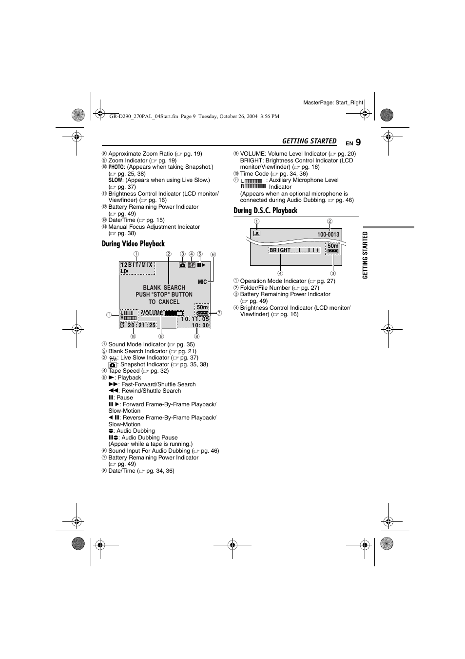 During video playback, During d.s.c. playback | JVC GR-D290EN User Manual | Page 9 / 56