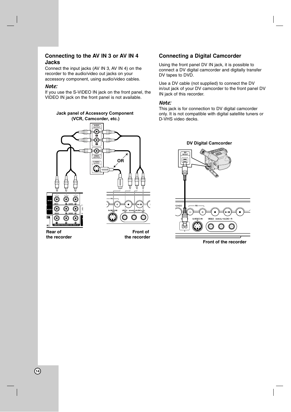 Connecting to the av in 3 or av in 4 jacks, Connecting a digital camcorder | JVC DR-MH220SE User Manual | Page 14 / 58