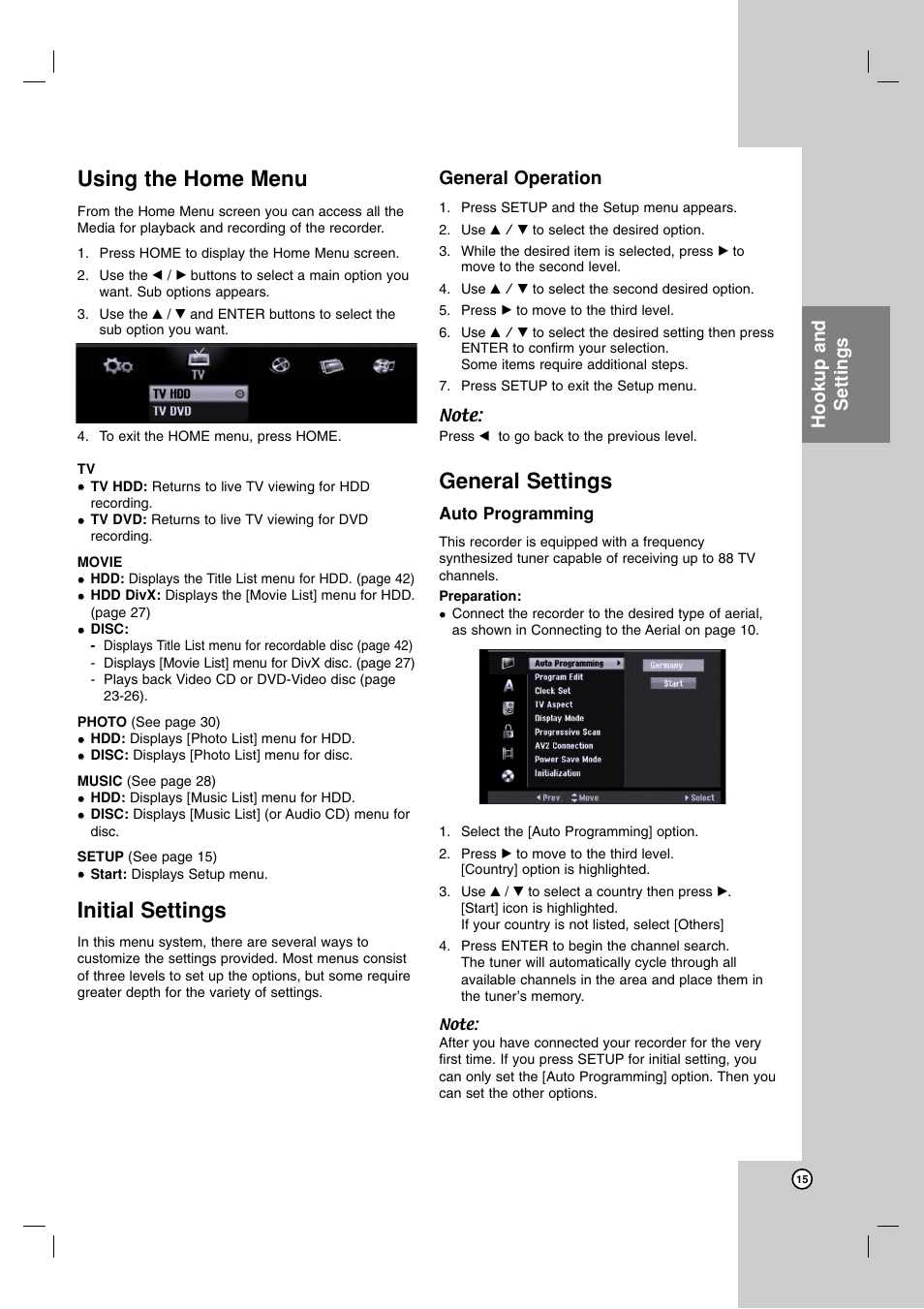 Using the home menu, Initial settings, General settings | Hookup and settings, General operation | JVC DR-MH220SE User Manual | Page 15 / 58