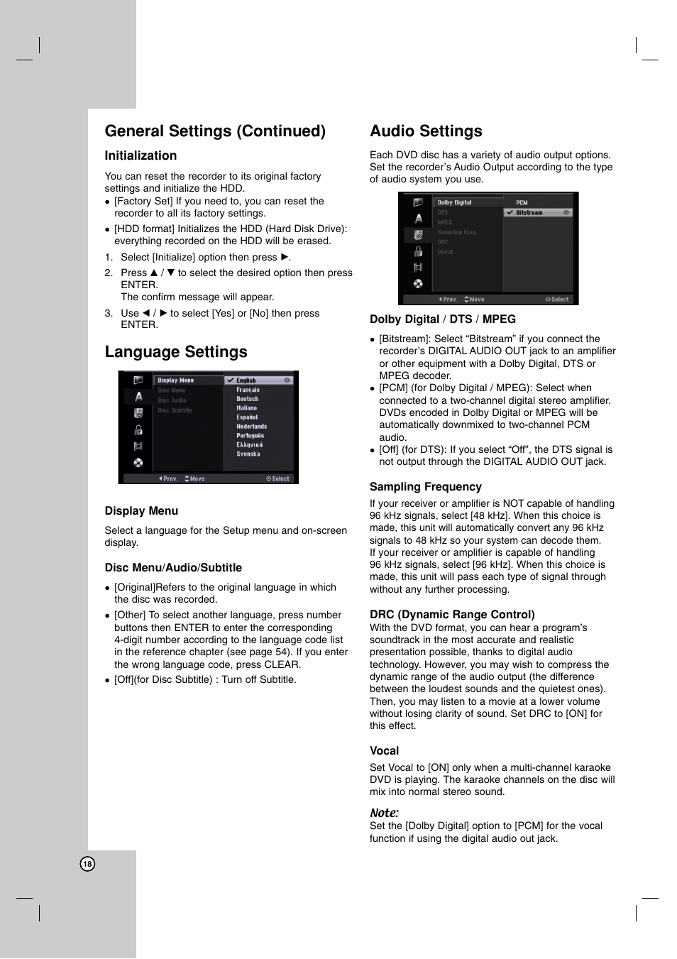 General settings (continued), Language settings, Audio settings | JVC DR-MH220SE User Manual | Page 18 / 58