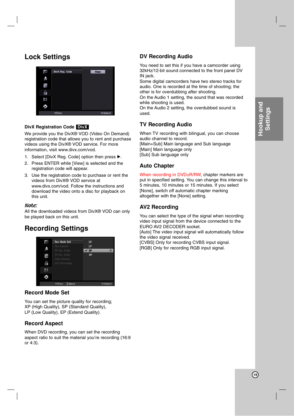Lock settings, Recording settings, Hookup and settings | JVC DR-MH220SE User Manual | Page 19 / 58