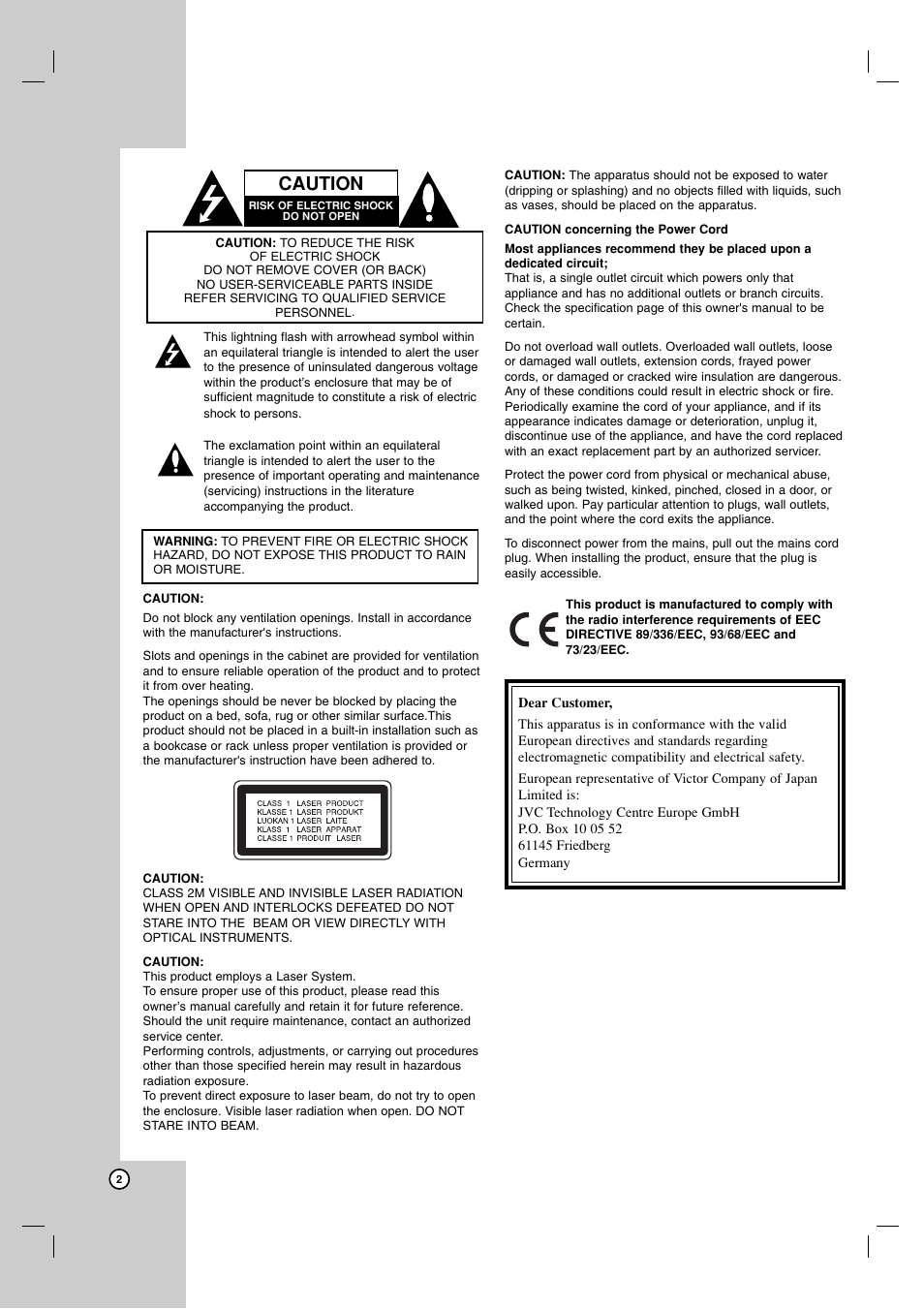 Caution | JVC DR-MH220SE User Manual | Page 2 / 58