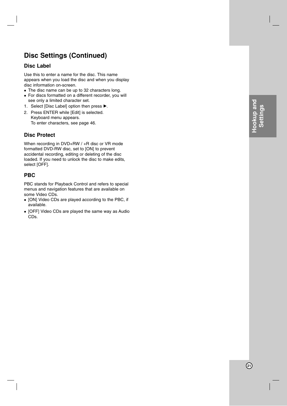 Disc settings (continued), Hookup and settings | JVC DR-MH220SE User Manual | Page 21 / 58