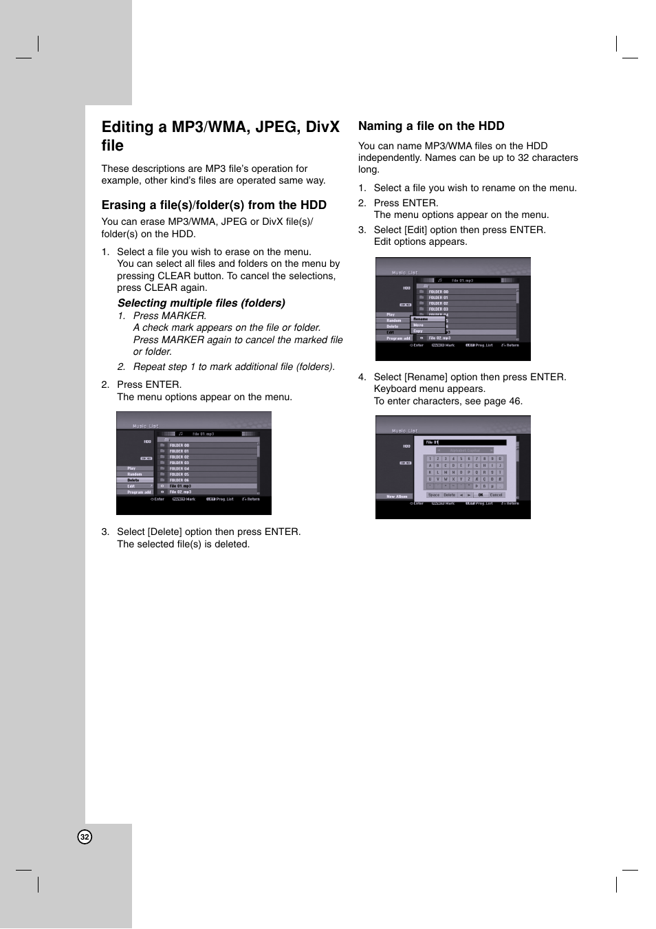 Editing a mp3/wma, jpeg, divx file | JVC DR-MH220SE User Manual | Page 32 / 58