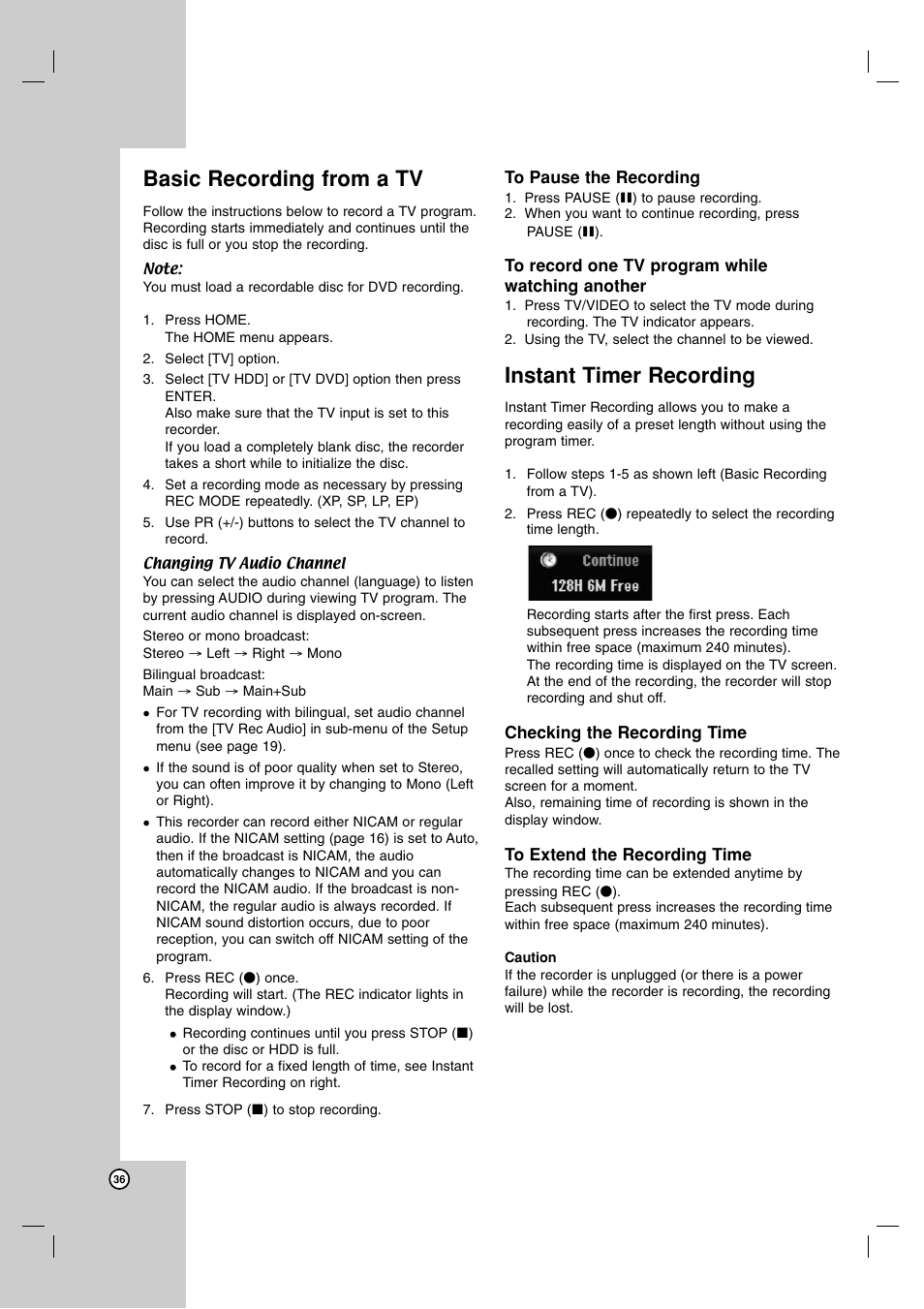 Basic recording from a tv, Instant timer recording | JVC DR-MH220SE User Manual | Page 36 / 58