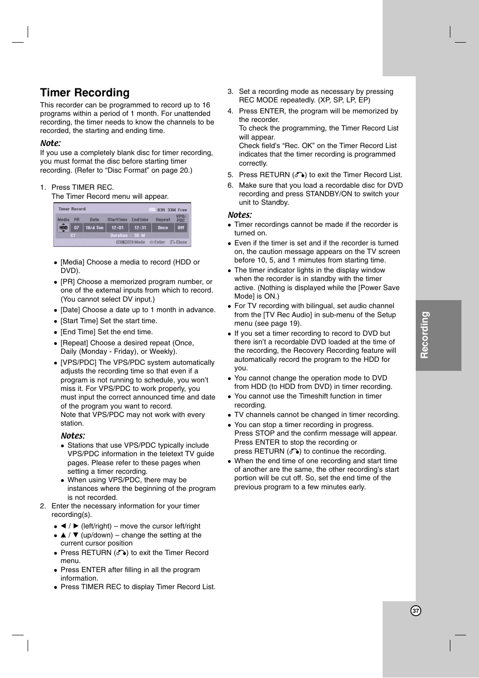 Timer recording, Recording | JVC DR-MH220SE User Manual | Page 37 / 58