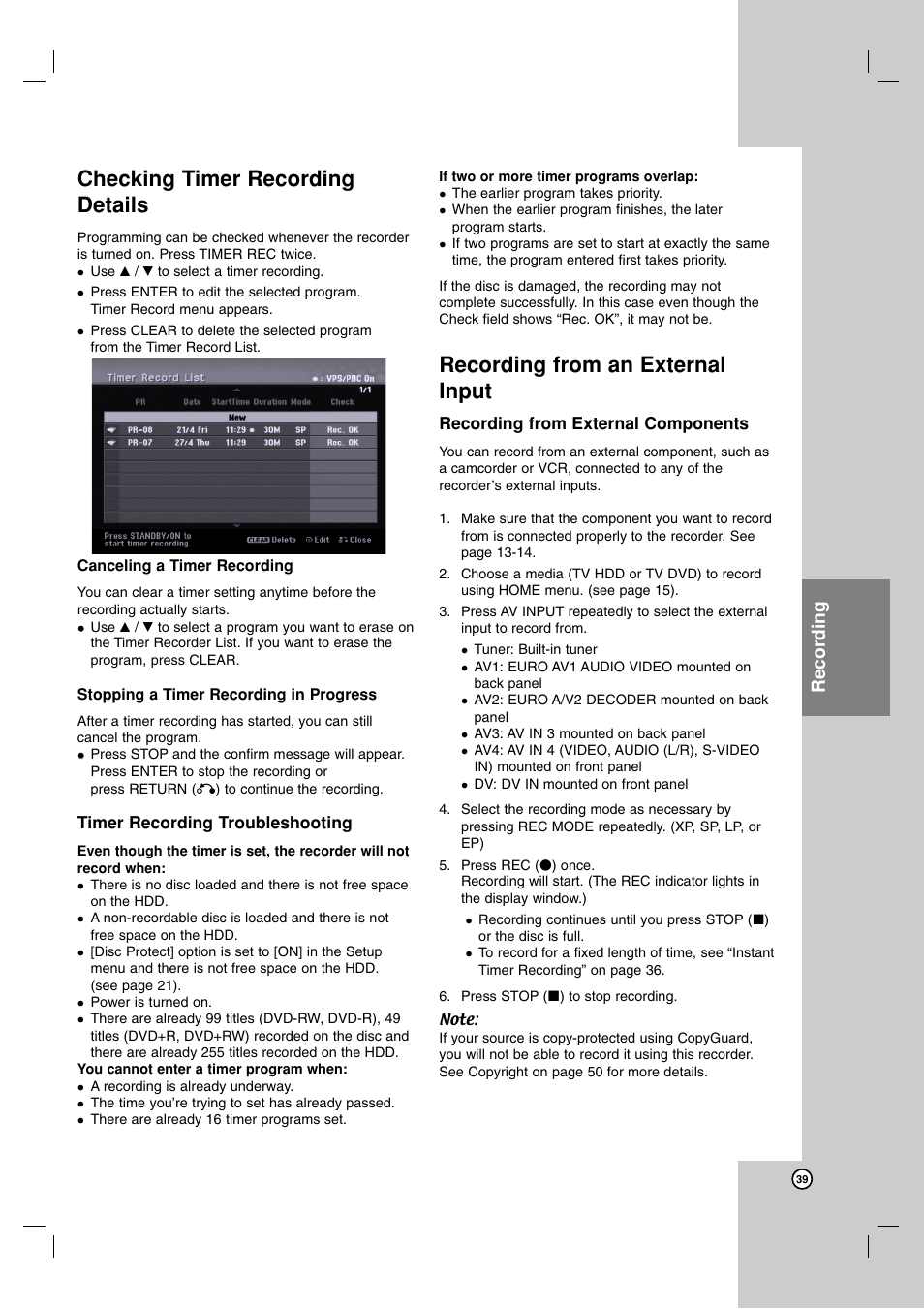 Checking timer recording details, Recording from an external input, Recording | JVC DR-MH220SE User Manual | Page 39 / 58