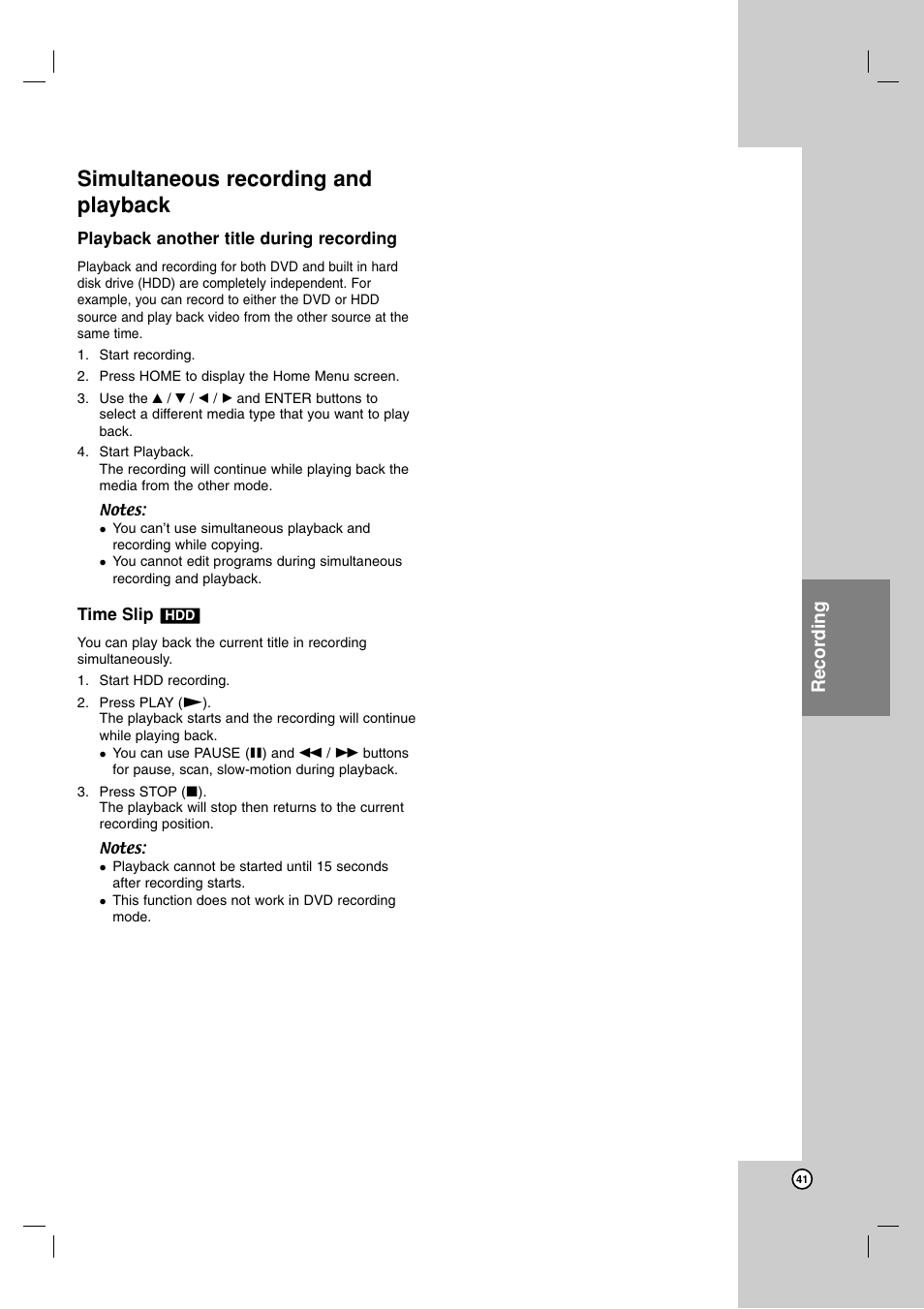 Simultaneous recording and playback, Recording | JVC DR-MH220SE User Manual | Page 41 / 58