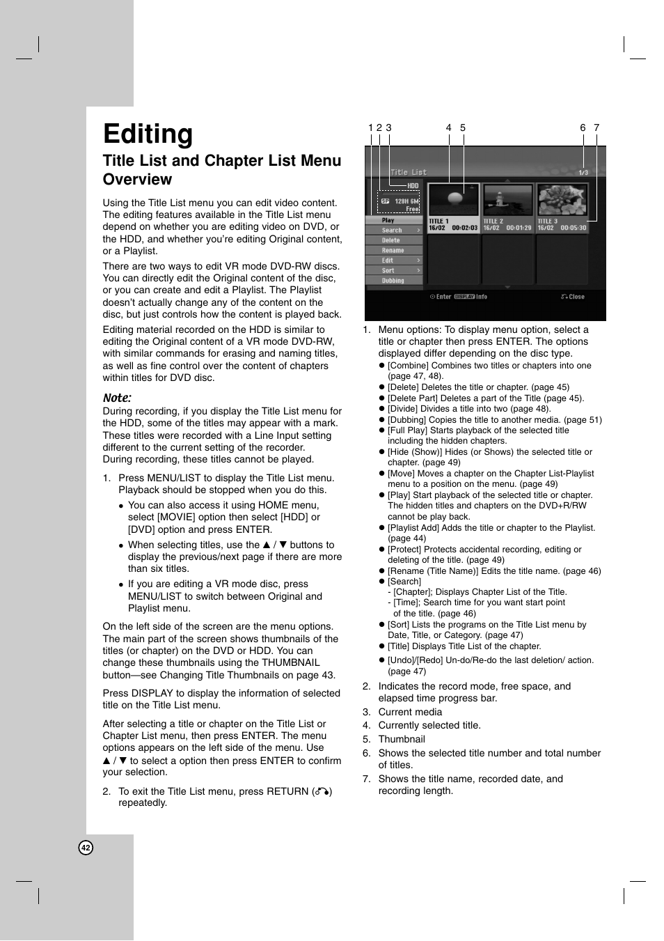 Editing, Title list and chapter list menu overview | JVC DR-MH220SE User Manual | Page 42 / 58