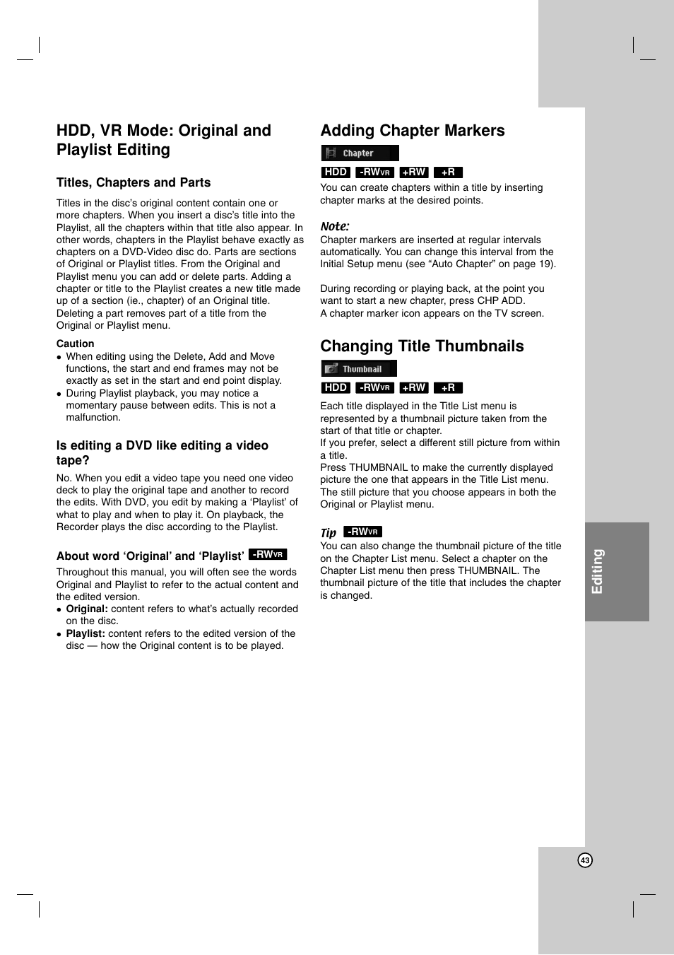Hdd, vr mode: original and playlist editing, Adding chapter markers, Changing title thumbnails | Editing | JVC DR-MH220SE User Manual | Page 43 / 58