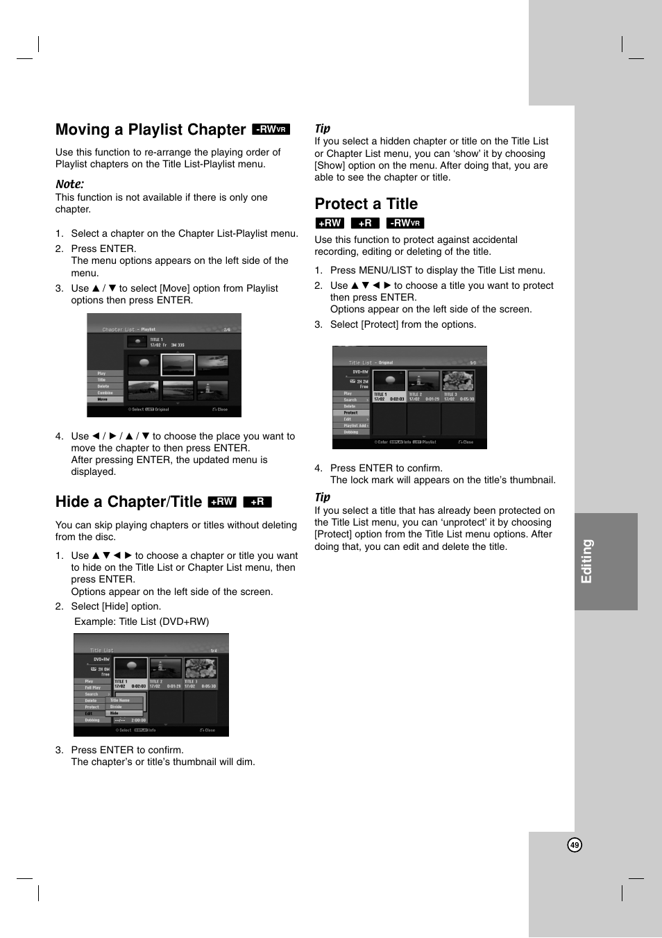 Moving a playlist chapter, Hide a chapter/title, Protect a title | Editing | JVC DR-MH220SE User Manual | Page 49 / 58