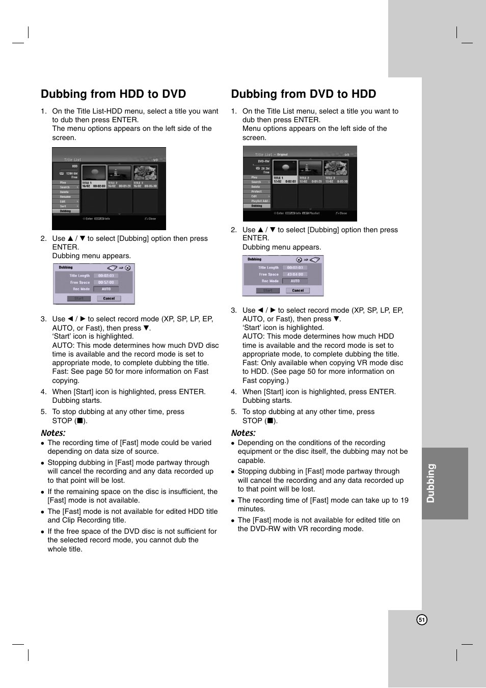 Dubbing from hdd to dvd, Dubbing from dvd to hdd, Dubbing | JVC DR-MH220SE User Manual | Page 51 / 58