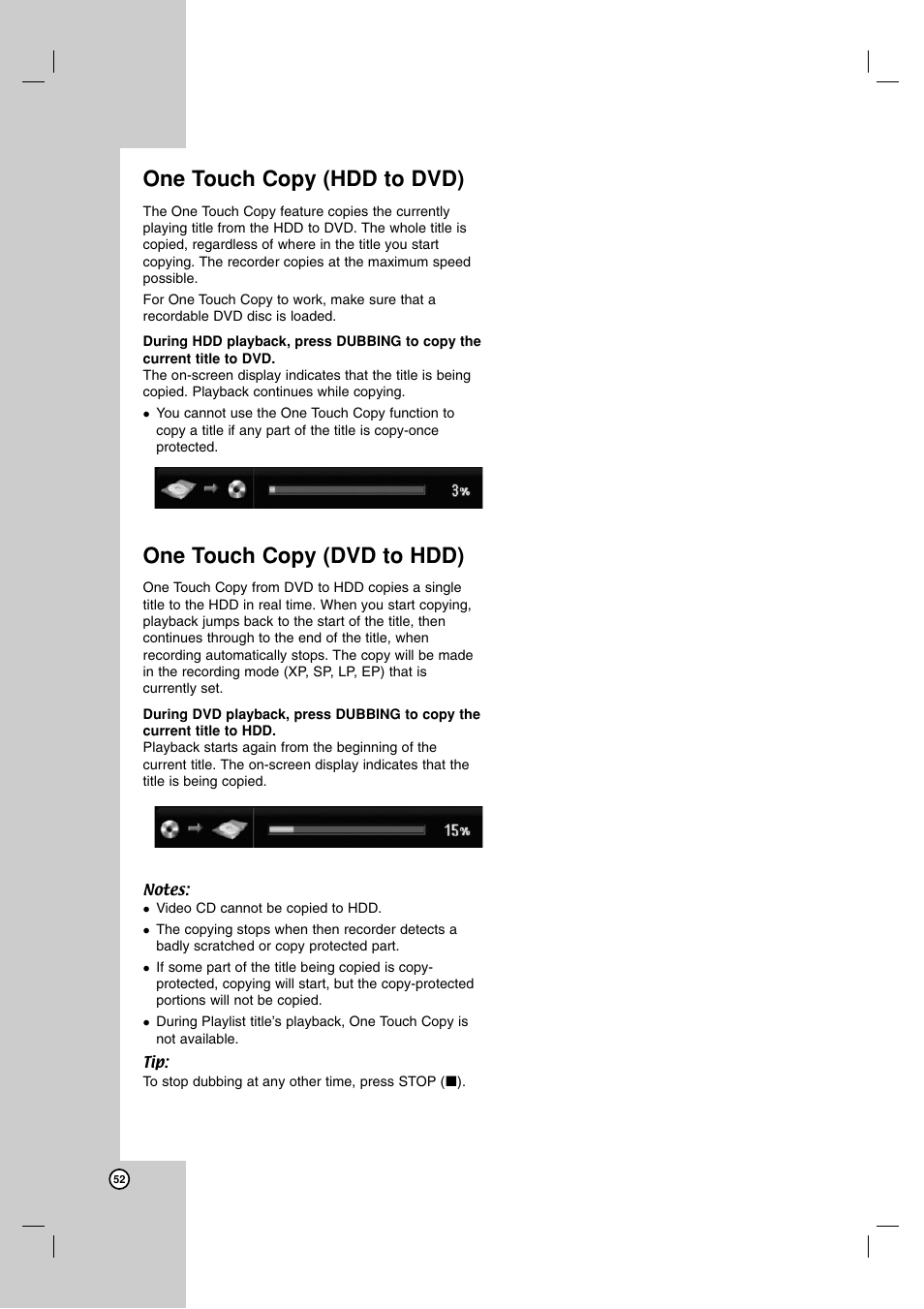 One touch copy (hdd to dvd), One touch copy (dvd to hdd) | JVC DR-MH220SE User Manual | Page 52 / 58