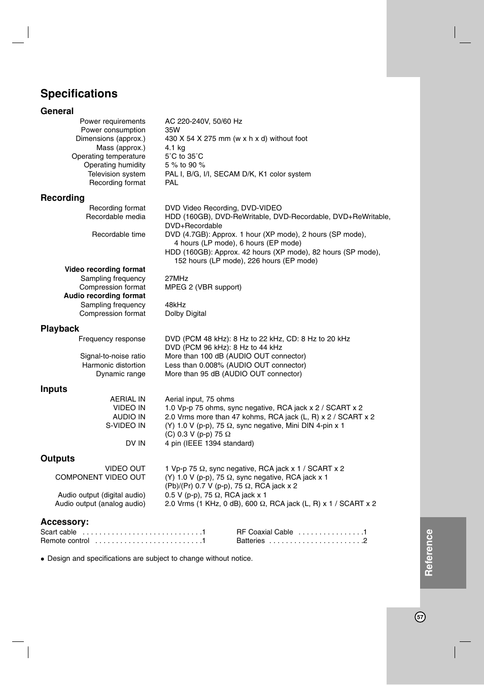 Specifications, Reference | JVC DR-MH220SE User Manual | Page 57 / 58