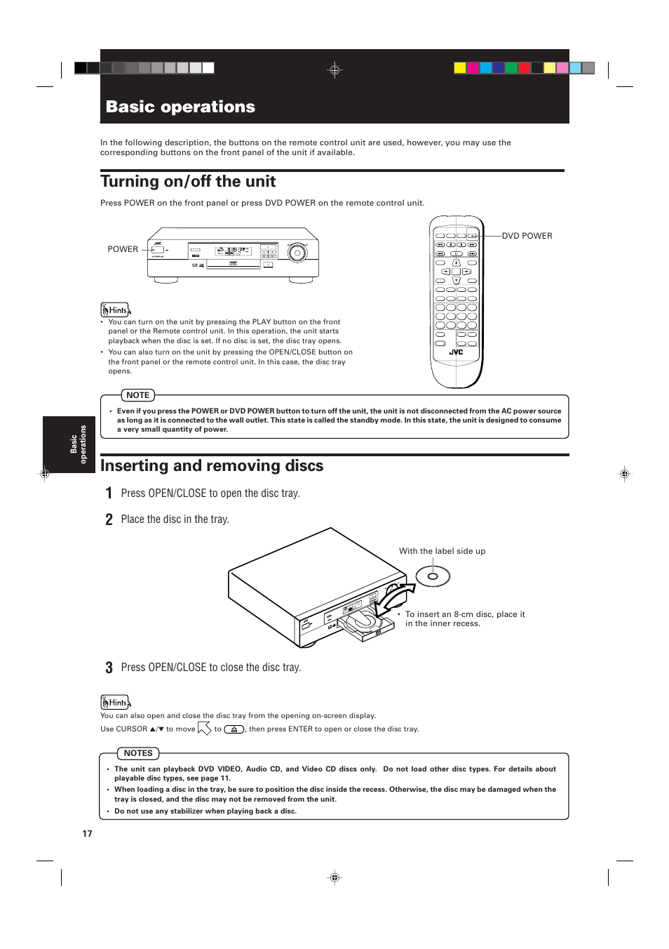 Basic operations, Turning on/off the unit, Inserting and removing discs | Press open/close to open the disc tray, Place the disc in the tray, Press open/close to close the disc tray | JVC XV-511BK  EN User Manual | Page 20 / 48