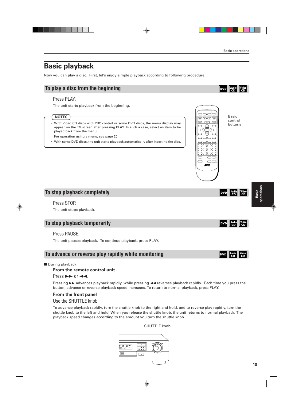 Basic playback, Press play, Press stop | Press pause, Press ¡ or 1, Use the shuttle knob, Shuttle, Pause stop skip open/close play | JVC XV-511BK  EN User Manual | Page 21 / 48