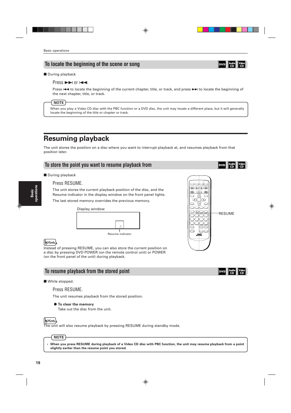 Resuming playback, Press ¢ or 4, Press resume | JVC XV-511BK  EN User Manual | Page 22 / 48