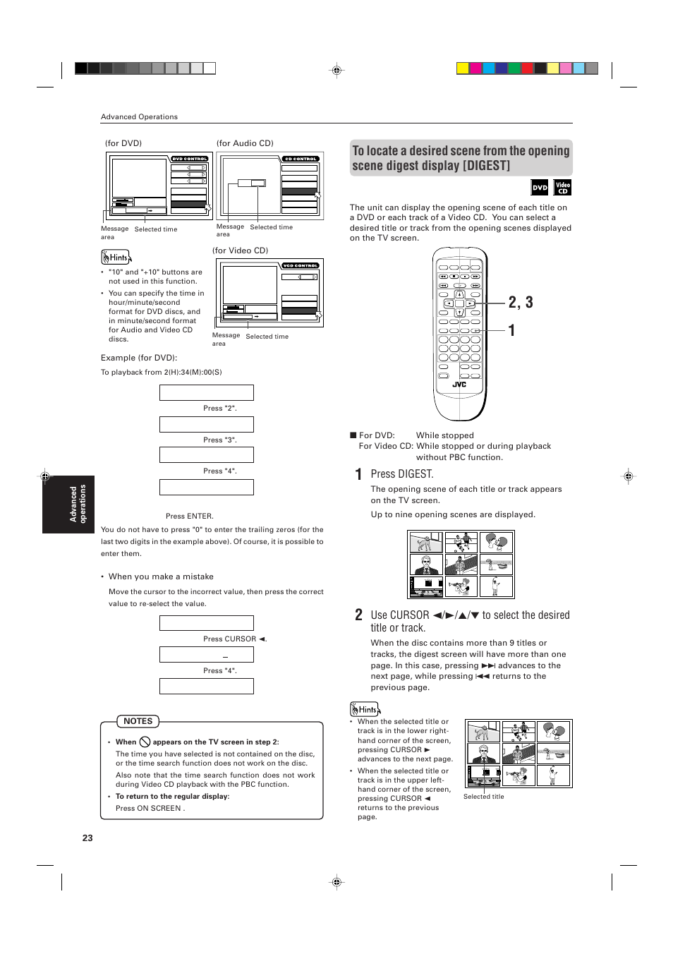 Press digest, Advanced operations, For dvd) | For audio cd) (for video cd), Example (for dvd), When you make a mistake | JVC XV-511BK  EN User Manual | Page 26 / 48