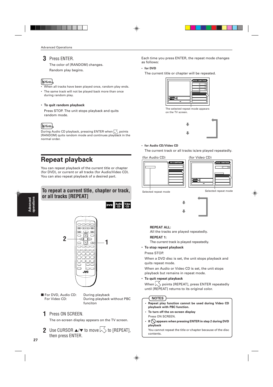 Repeat playback, Press enter, Press on screen | Advanced operations, The color of [random] changes. random play begins, The on-screen display appears on the tv screen, The current title or chapter will be repeated, For video cd) (for audio cd) | JVC XV-511BK  EN User Manual | Page 30 / 48