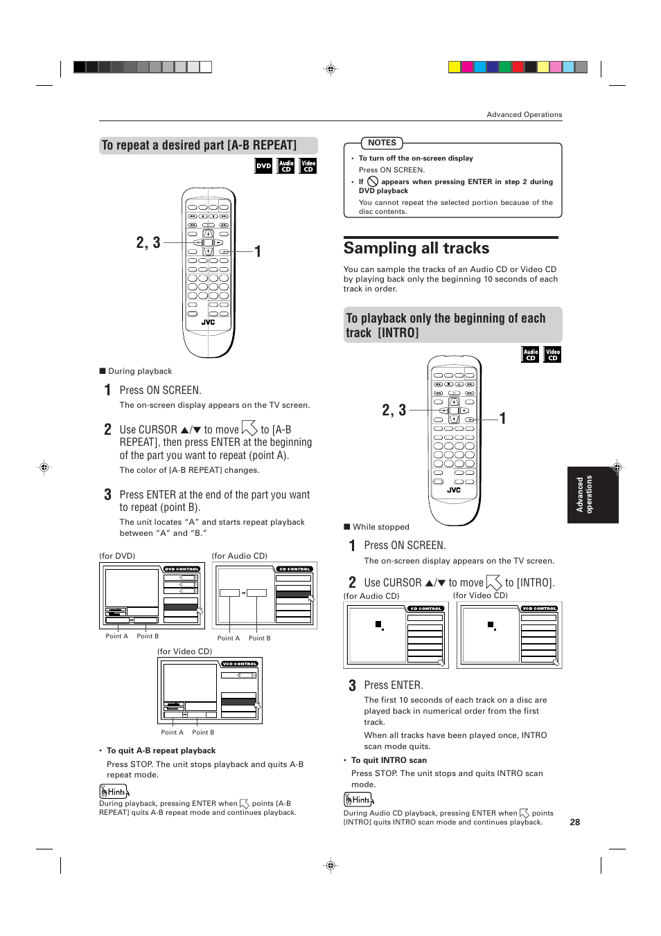 Sampling all tracks, Press on screen, Use cursor 5/∞ to move to [intro | Press enter, For dvd), For audio cd), For video cd), While stopped, The on-screen display appears on the tv screen, During playback | JVC XV-511BK  EN User Manual | Page 31 / 48